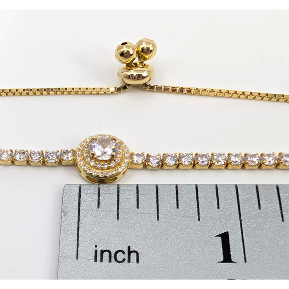 Lariat Bracelet 925 CZ Clear Rhinestones Gold Tone Bolo Tennis Style Minimalist - Picture 12 of 12
